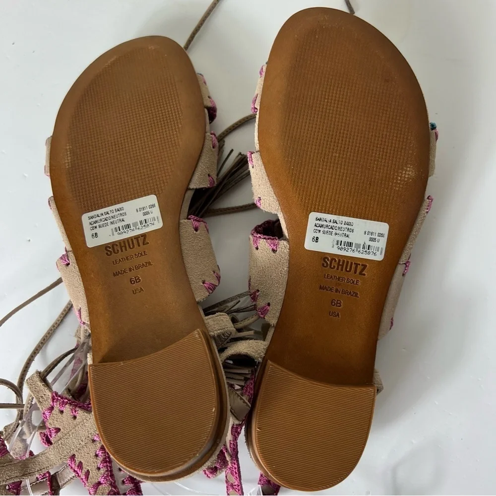 Schutz Willow Light Wood Nude Gladiator Sandals Color Sitched Tie Up Sandal SZ 6 - Picture 7 of 9